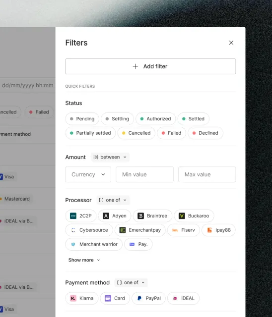 Unified filters panel with status, amount, processor and payment method
